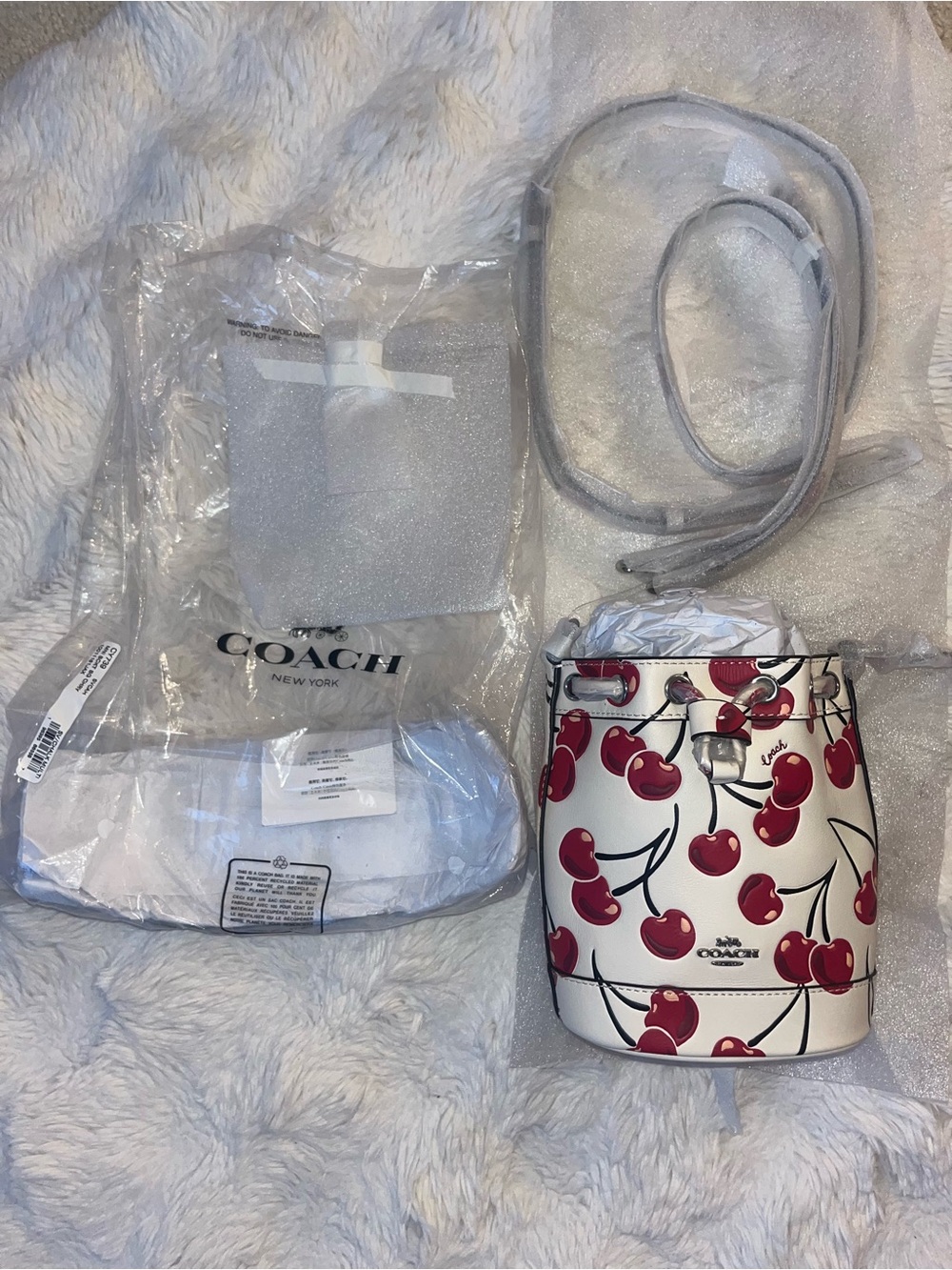 ✨ NWT FACTORY SEALED | Coach Mini Bucket Bag Cherry Print Chalk Multi Leather 🍒